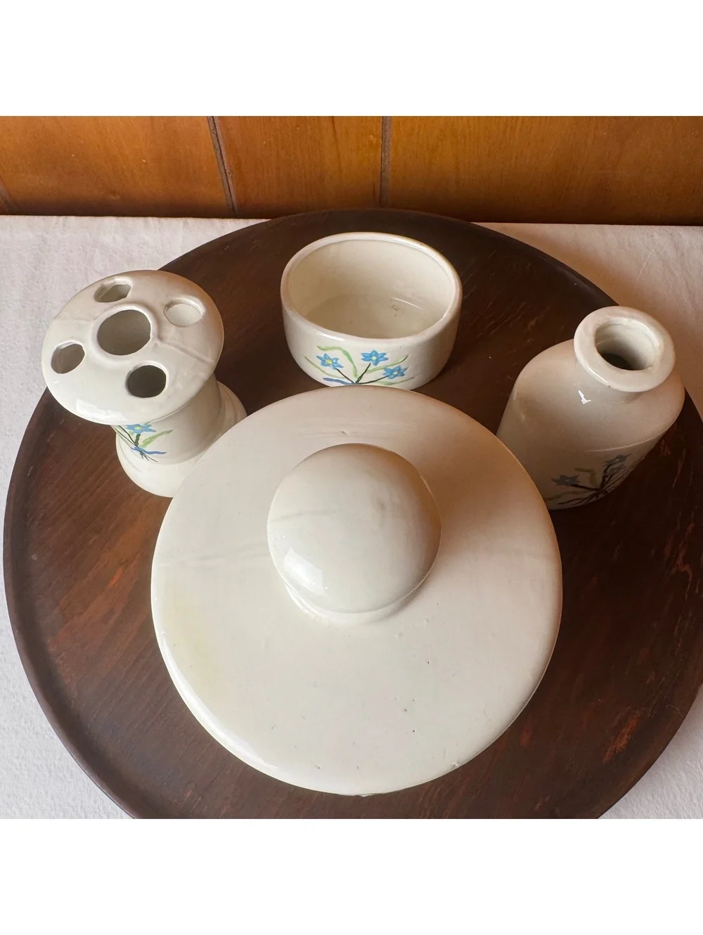 Vintage 1979 Ceramic Bathroom Set Blue Floral Handmade 4 Piece Vanity Décor